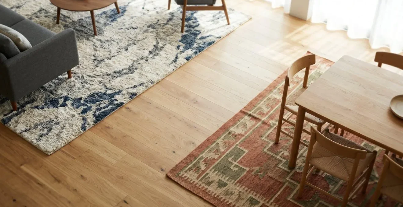 Living and dining areas separated by strategic rug placement showing negative space between rugs