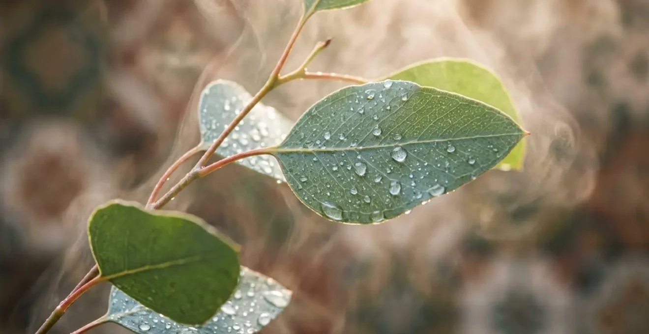Fresh eucalyptus bundle hanging in a steam-filled shower