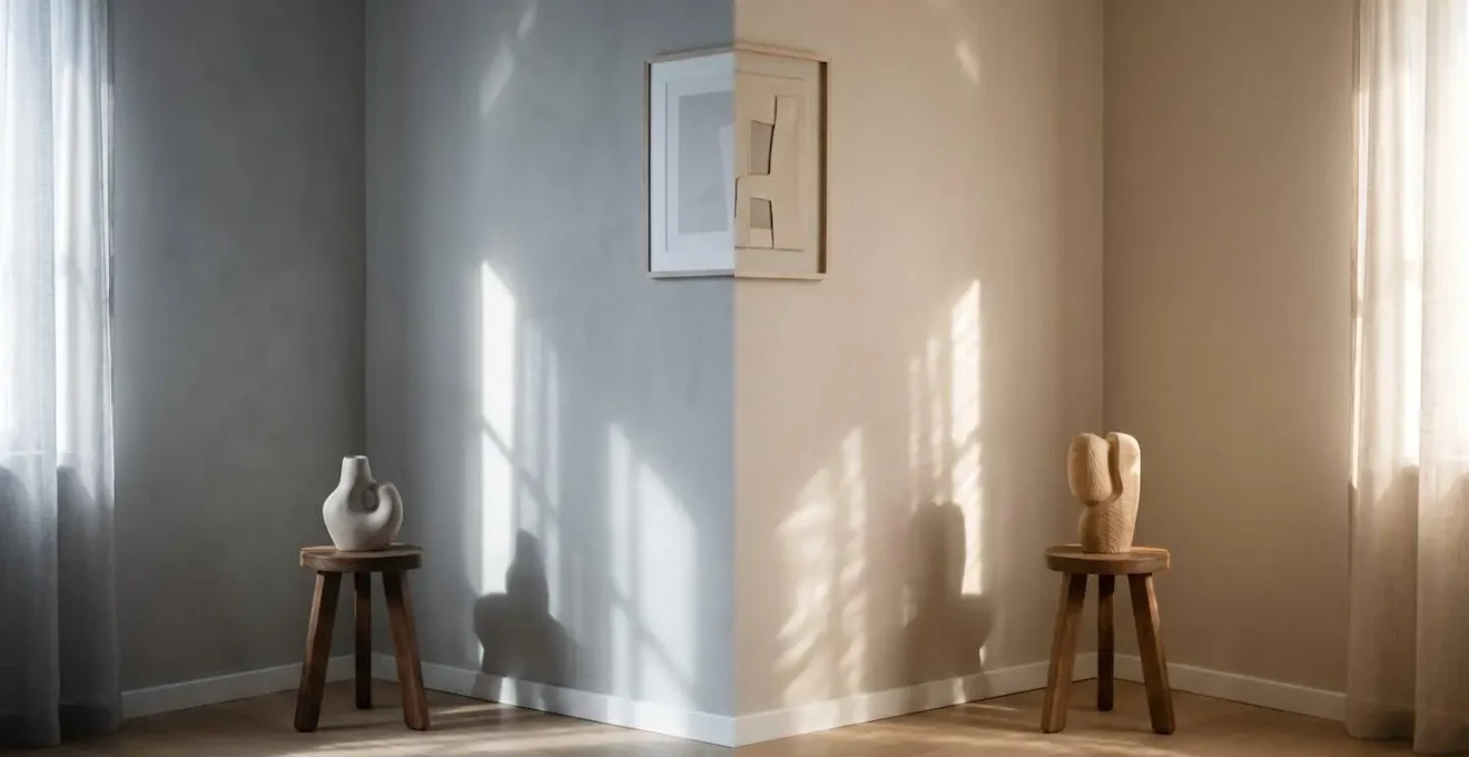 Side-by-side room comparison showing cool grey versus warm beige walls with different lighting conditions