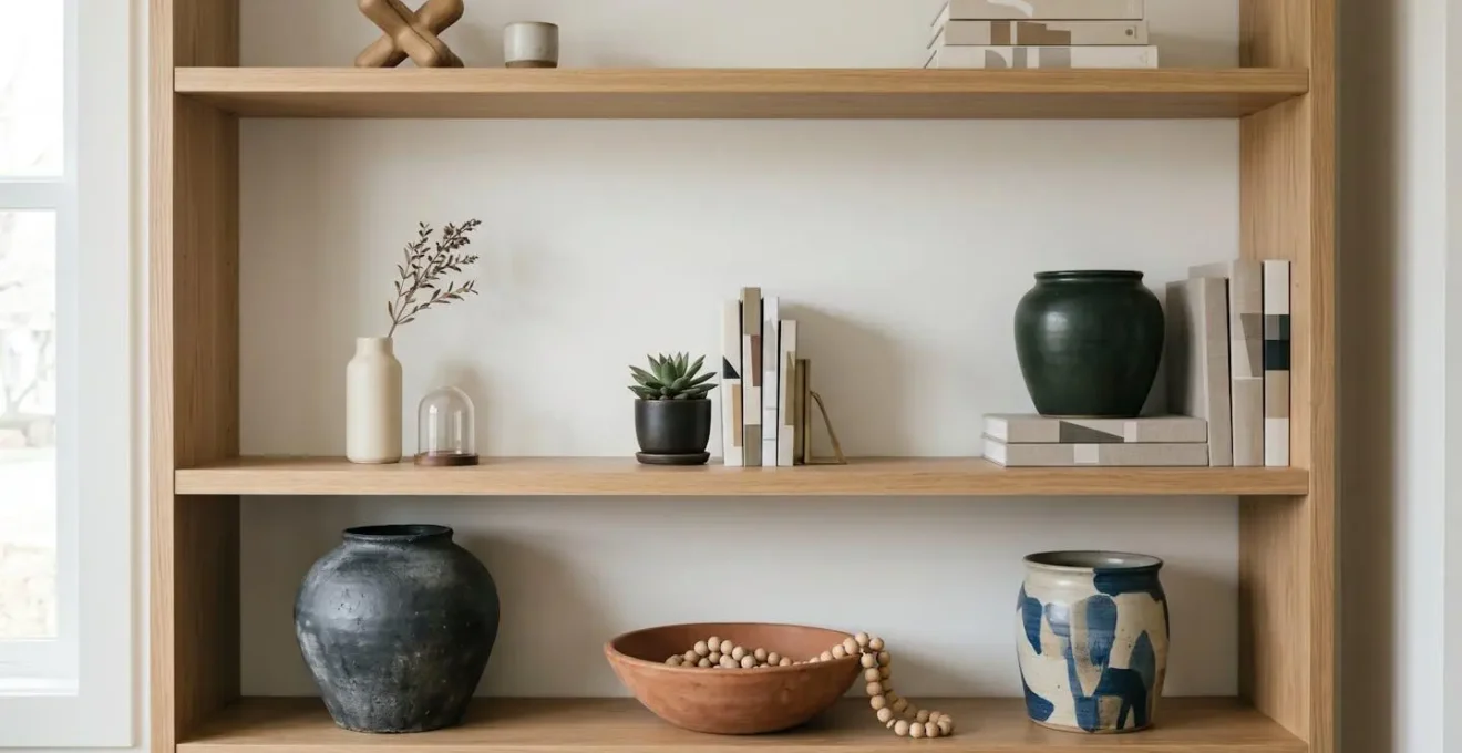 A perfectly styled bookshelf showing ceramic pieces, books and decorative objects arranged in visual triangles