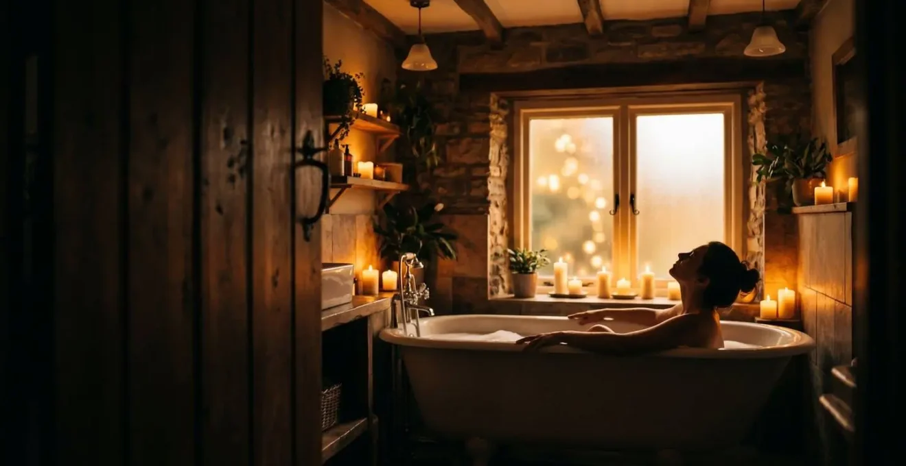 Bathroom with multiple lighting zones creating warm ambient atmosphere