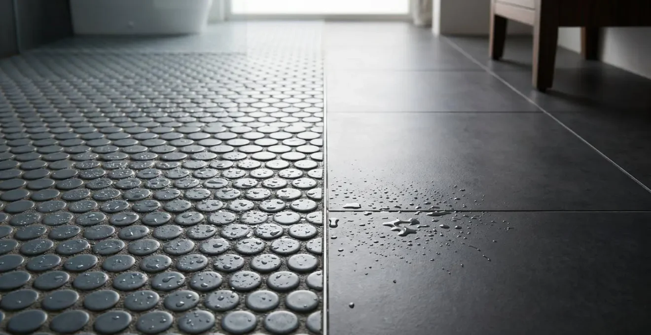 Split view comparison of mosaic tiles versus large format tiles in bathroom installation