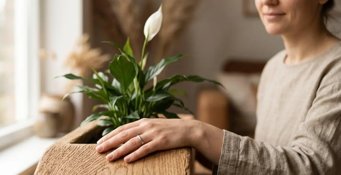 Human hand gently touching natural wood planter with lush foliage creating calming biophilic moment