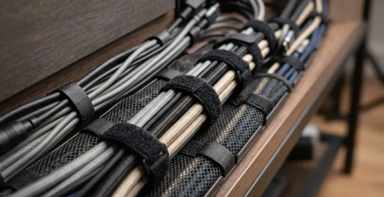 Close-up view of organized cable routing system behind entertainment center