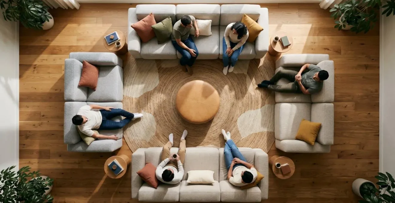 Overhead view of modular sofa pieces arranged in separate conversation clusters