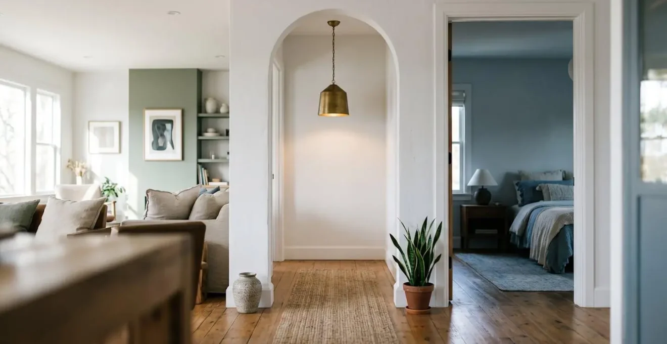 Hallway transition showing design continuity between living spaces