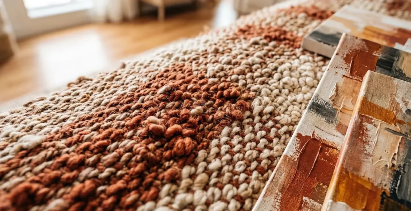 Close-up of rug texture with color swatches extracted and abstract canvas art samples arranged alongside