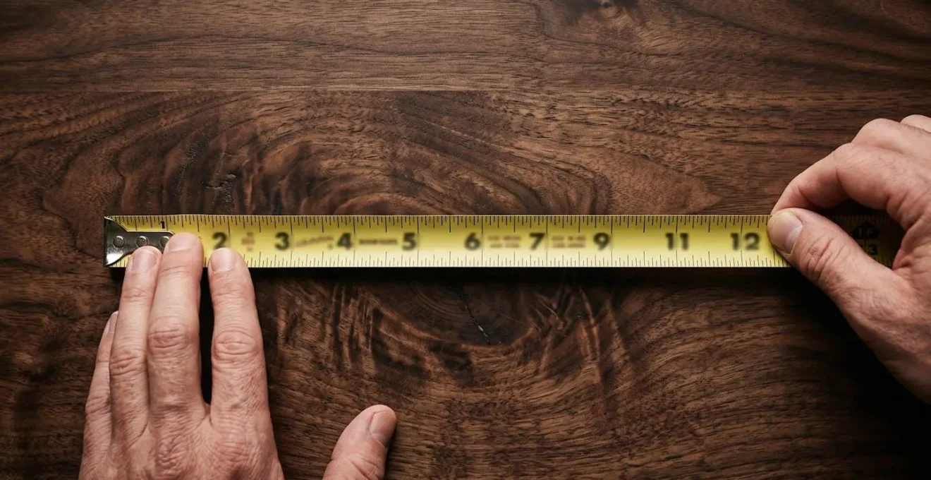 Overhead view of dining table with measuring tape showing proper chair spacing and clearance zones