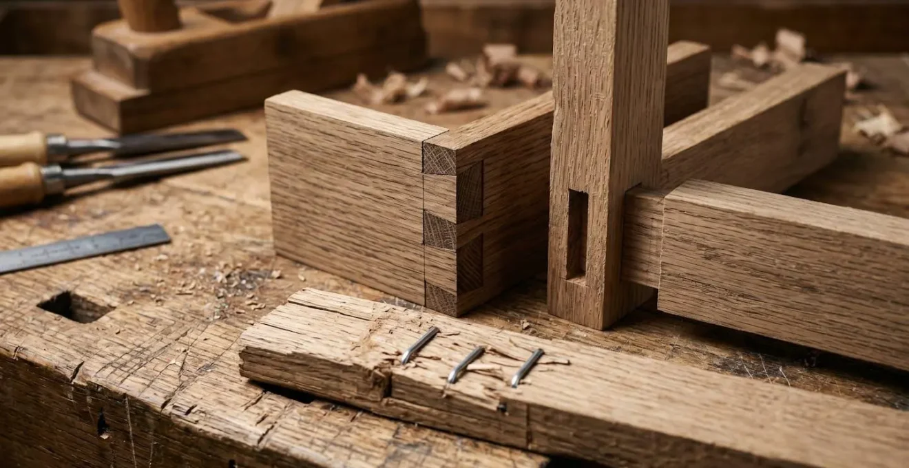 Close-up comparison of dovetail and mortise-tenon wood joints showing interlocking patterns