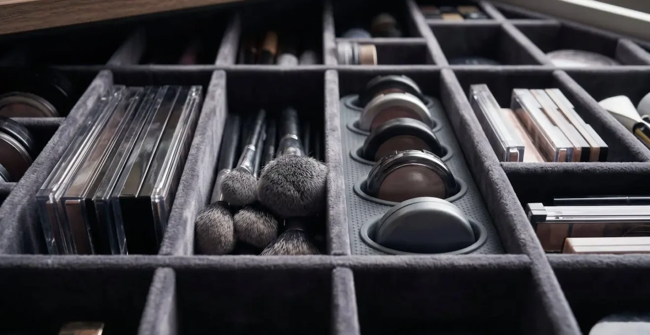 Close-up view of organized makeup drawer with custom dividers
