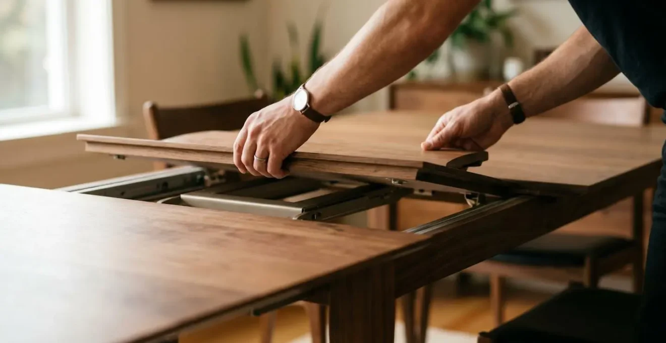 Close-up of hands operating a smooth butterfly leaf extension mechanism on a modern dining table