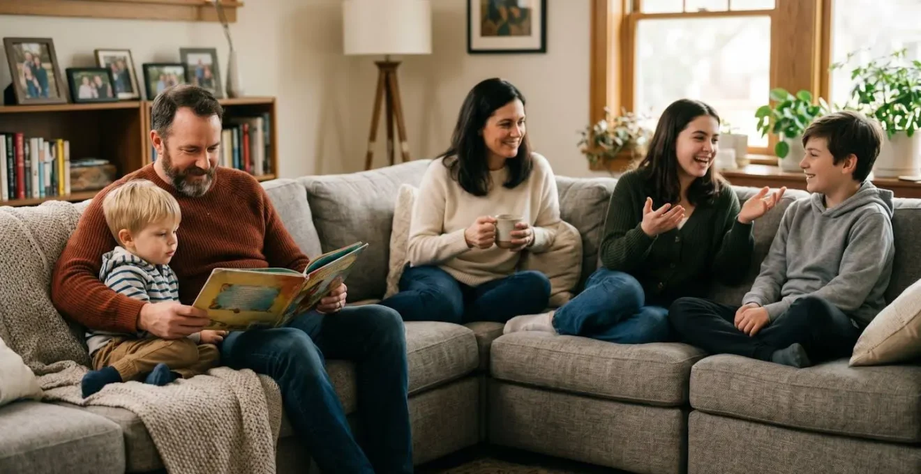 Timeline visualization showing modular sofa growth with family milestones