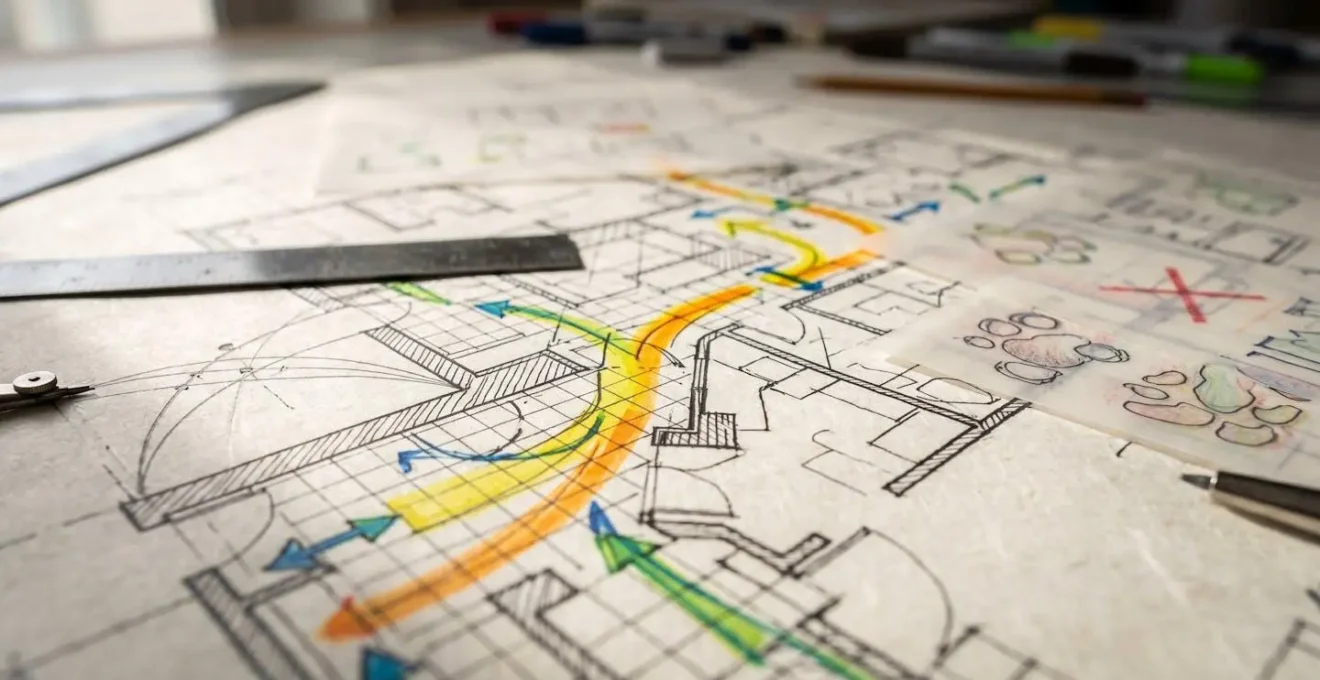Professional workspace with floor plan blueprints and analysis tools for identifying design issues
