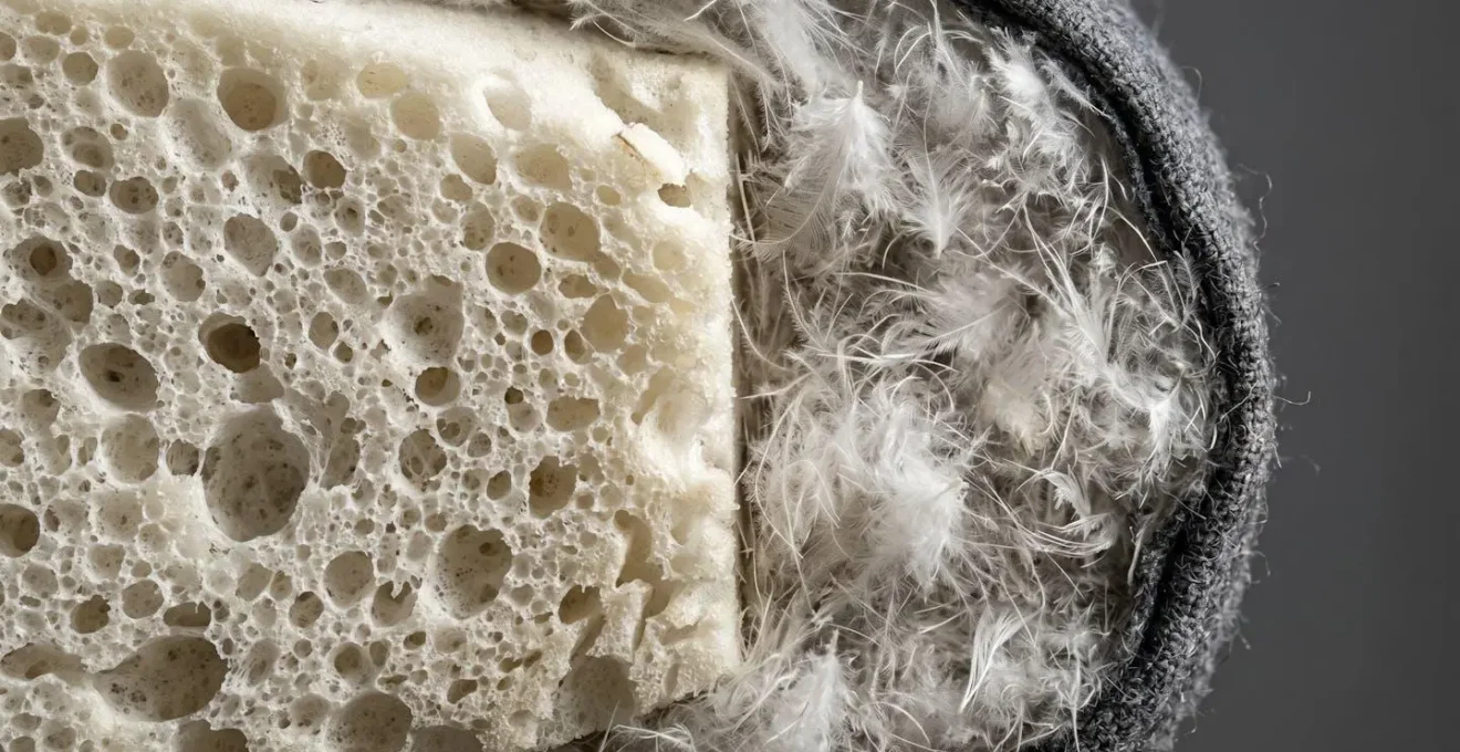 Cross-section view of chair cushion showing layered foam and down construction
