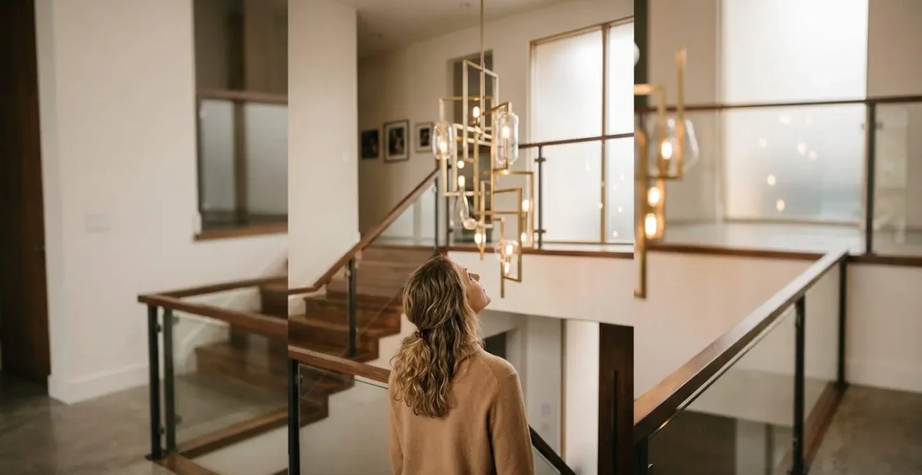 A person entering a two-story foyer, looking up in wonder at a perfectly positioned sculptural chandelier that is visible from both the ground floor and the second-floor landing.