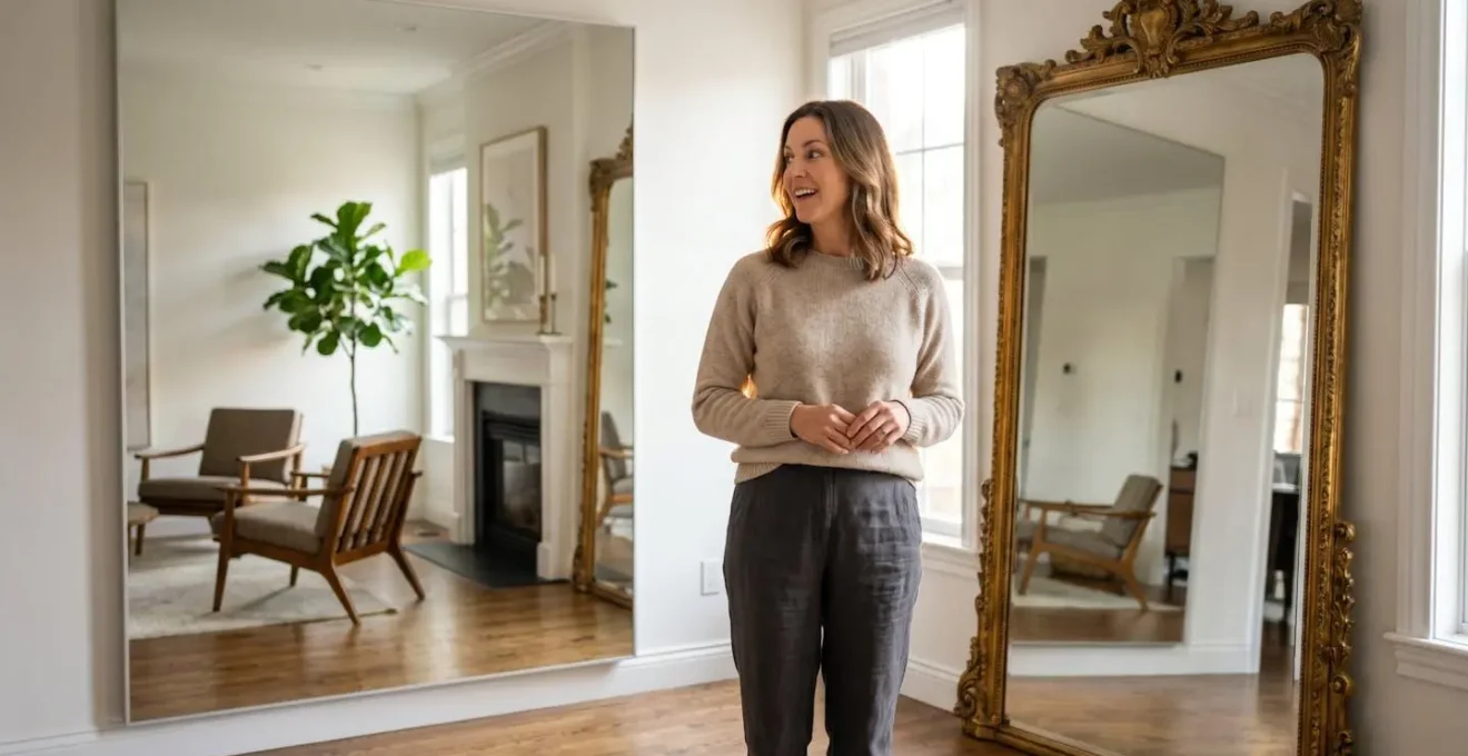 Split view comparing frameless and ornate framed mirrors effect on perceived room size