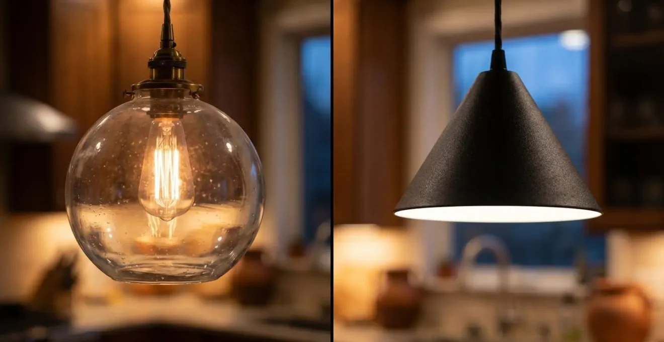Close-up comparison of glass and metal pendant shades showing light distribution patterns