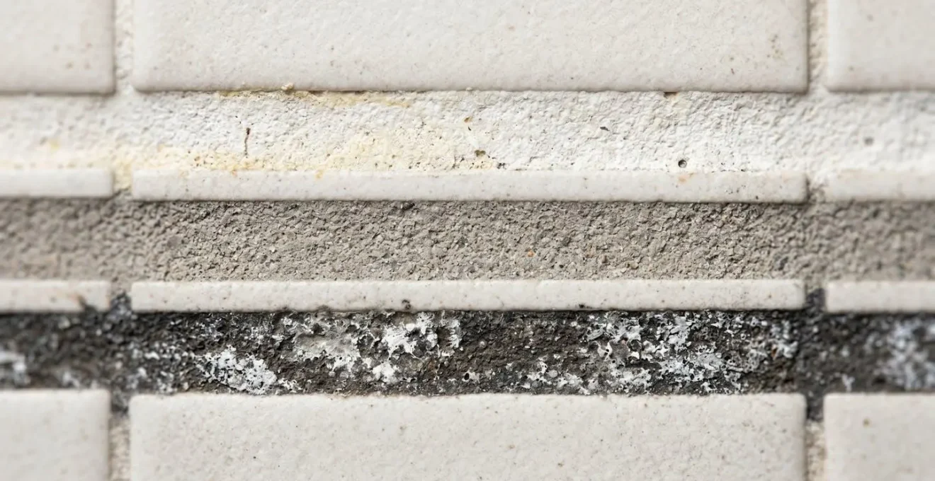 Close-up comparison of different grout colors showing aging patterns over time