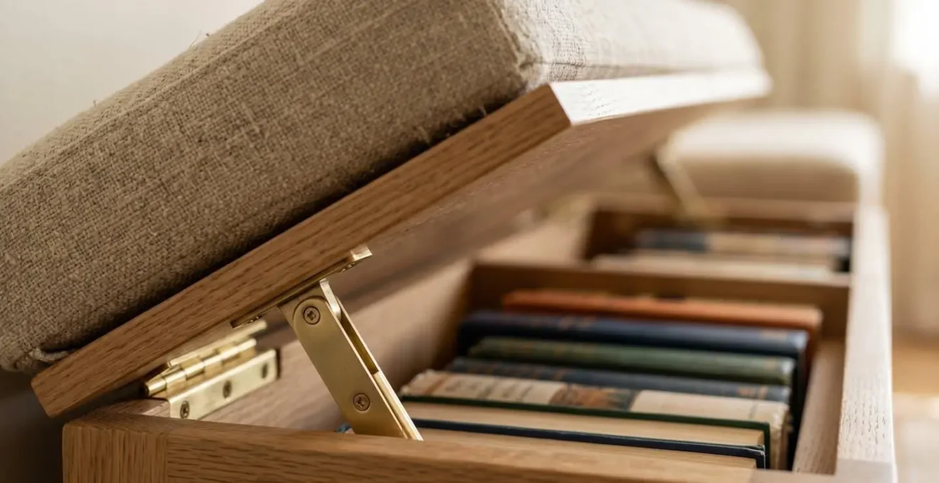 Extreme close-up of a cushioned bench seat being lifted to reveal organized book storage compartments underneath with soft-close hinges