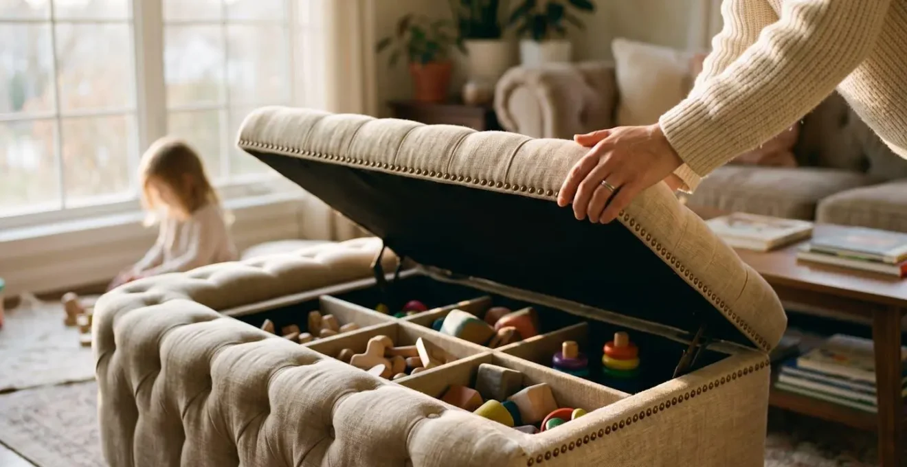 Stylish ottoman opening to reveal organized toy storage compartments inside