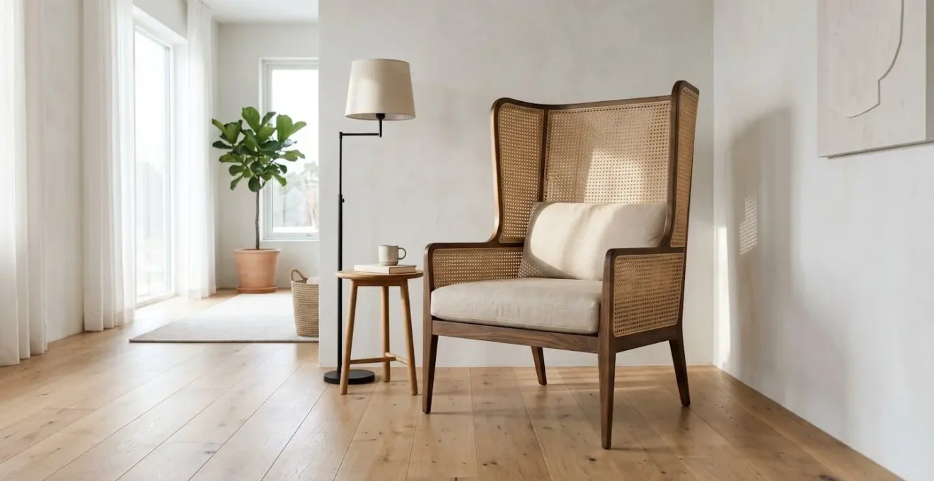Elegant high-back chair with open design elements in a spacious living room