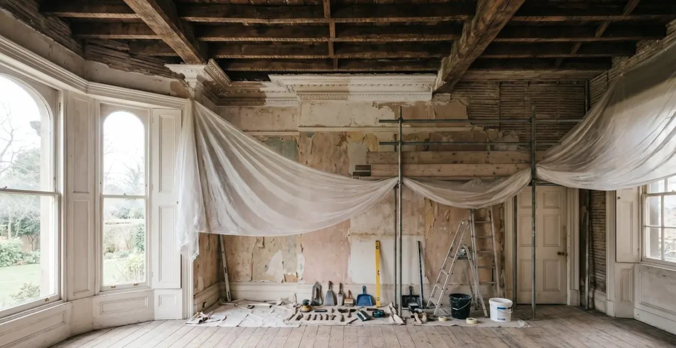 Wide-angle view of a period home mid-restoration showing exposed beams, partially restored moldings, and renovation equipment