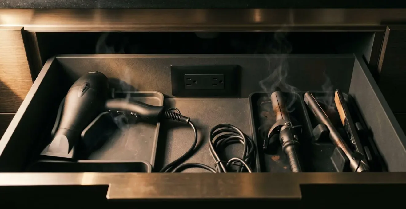 Interior view of bathroom drawer with built-in power outlet and organized hair tools