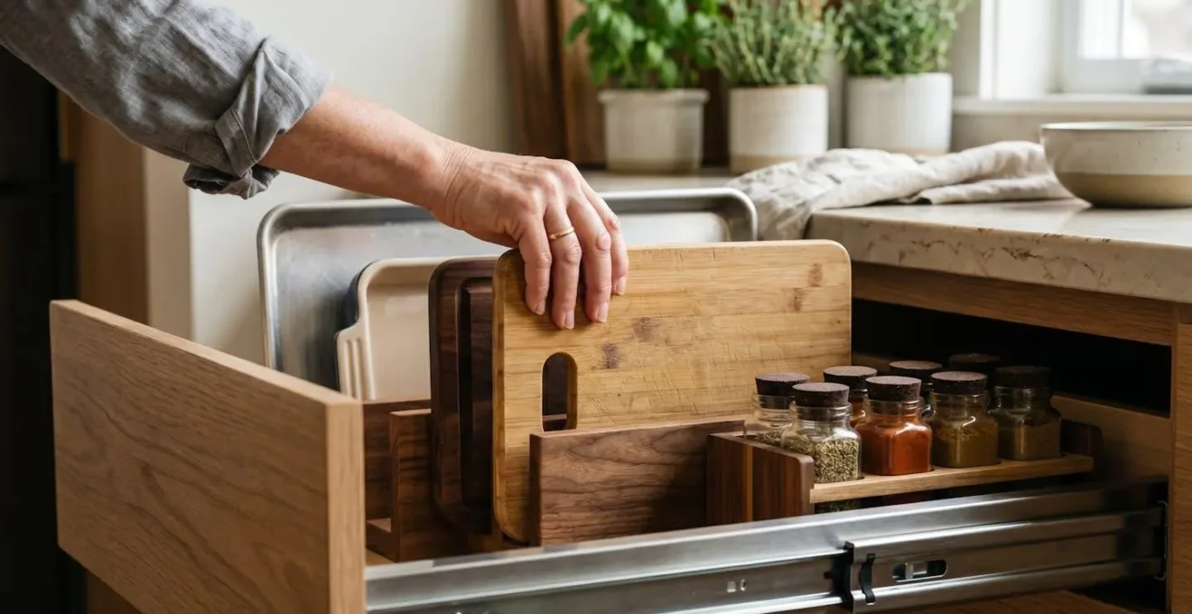 Kitchen prep zone showing vertical storage organization with ingredients at arm's reach