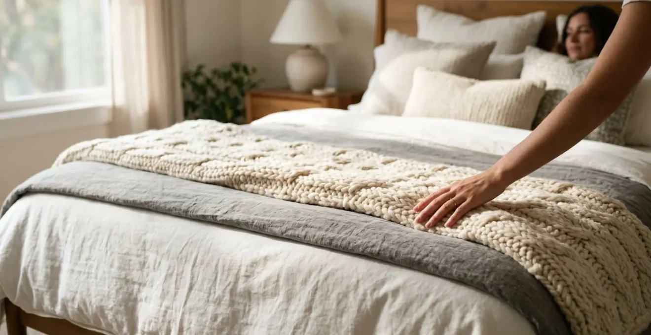 Perfectly styled bed with three distinct textile layers showing foundation, function and flair