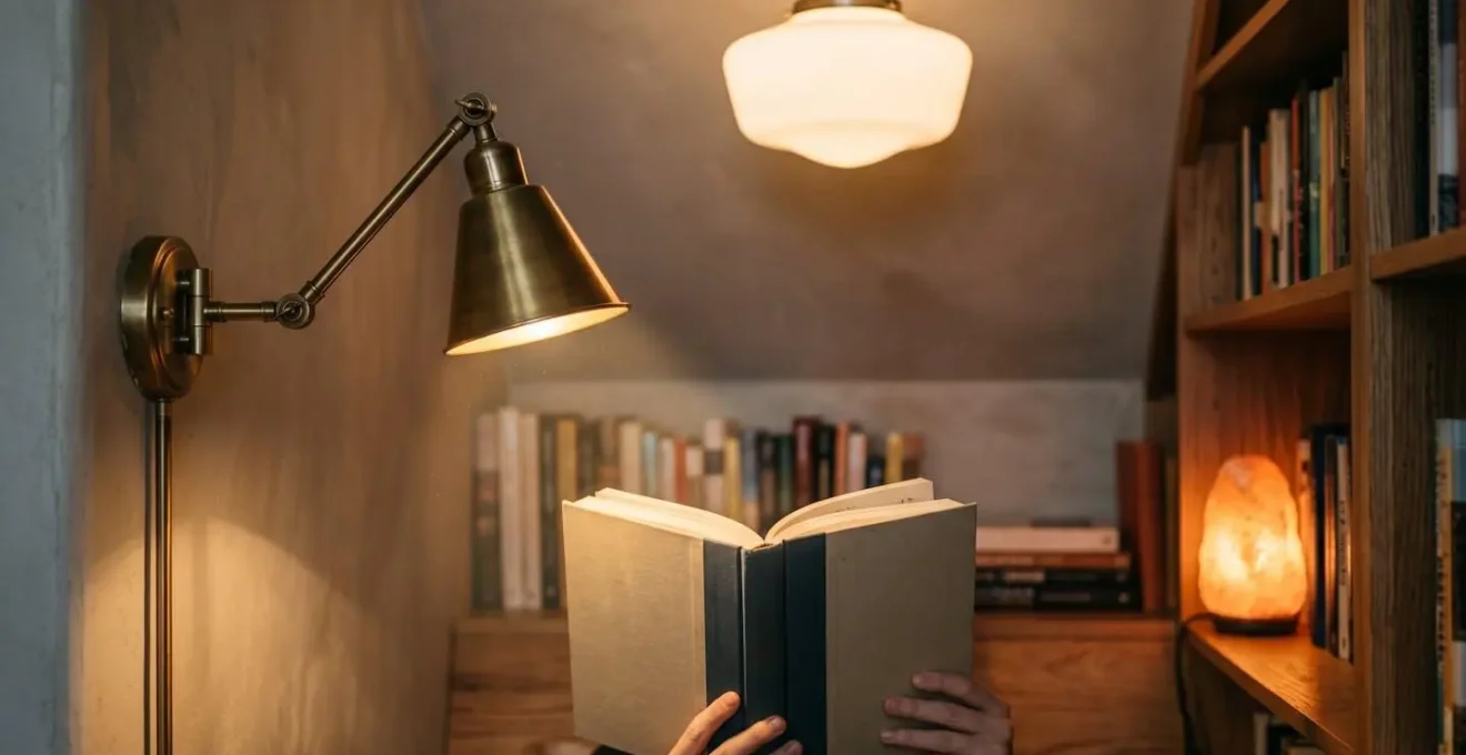 Close-up of a reading corner showing three distinct light sources: a brass adjustable task lamp, soft ambient ceiling light, and warm accent lighting creating depth