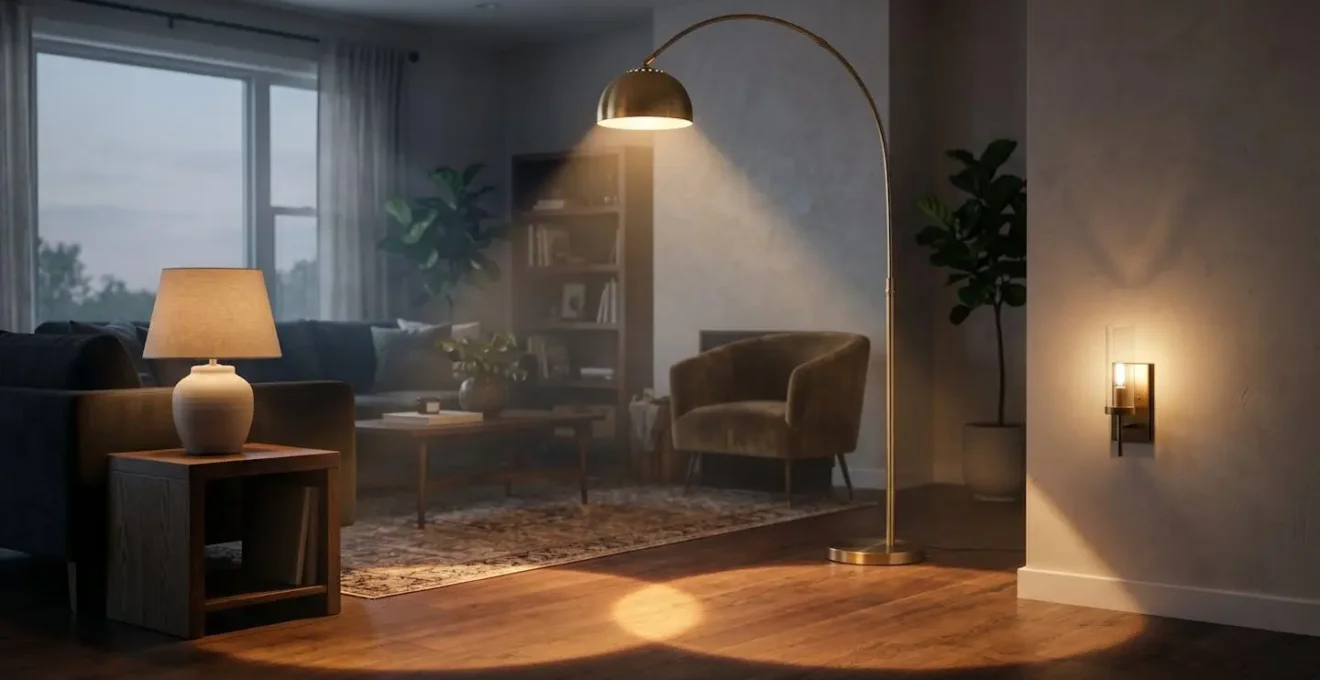 Three-point lighting setup showing a floor lamp, table lamp, and wall sconce creating a visual triangle in a modern living room.