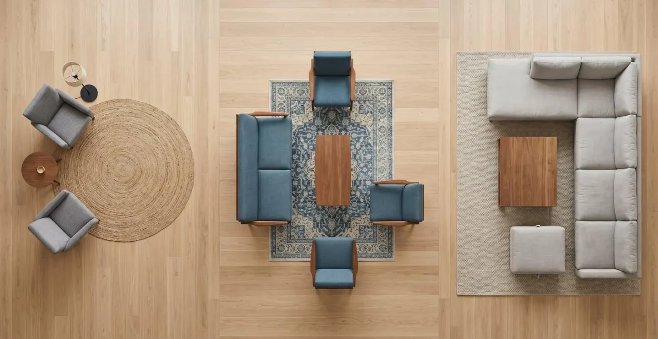 Overhead view of living room showing three rug placement scenarios: all legs off, front legs on, and all legs on.