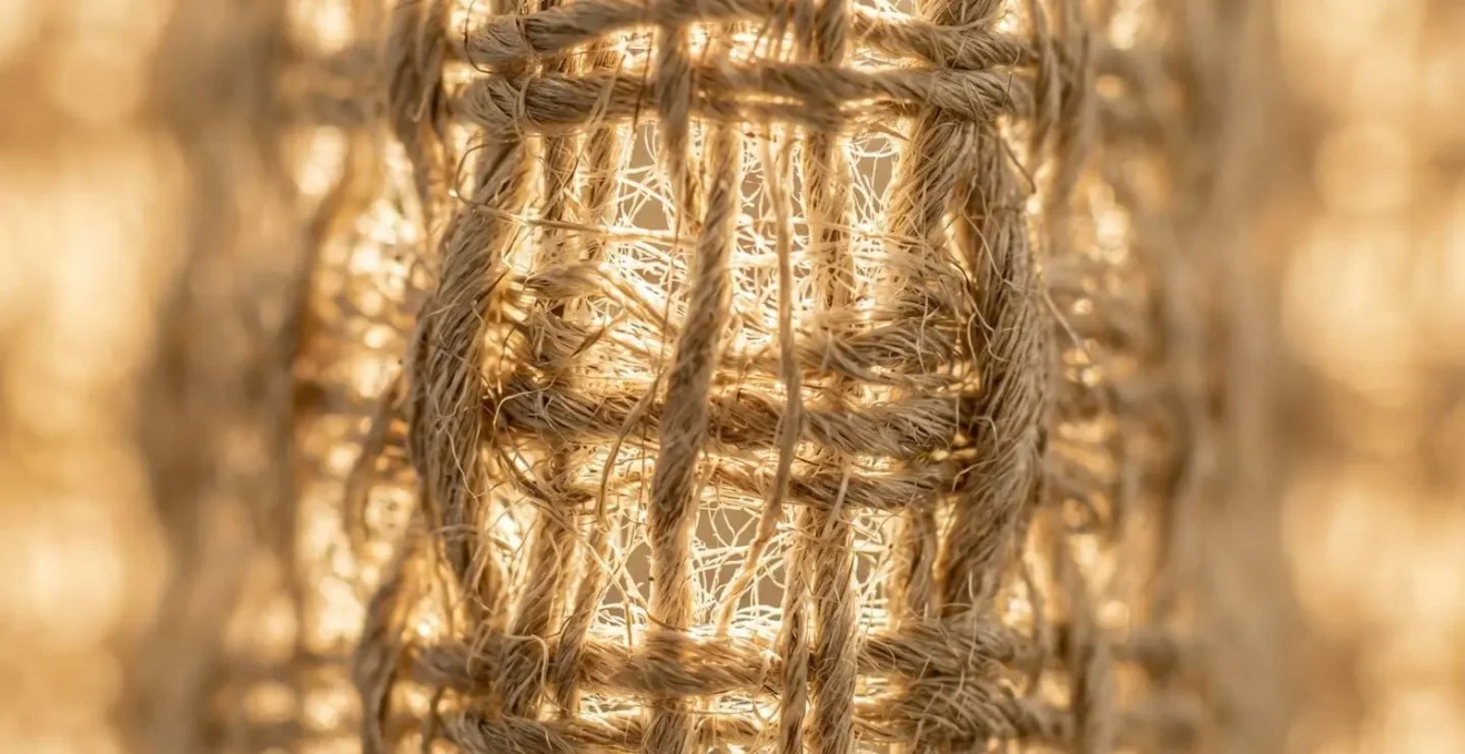 Close-up macro shot of linen fabric fibers showing natural texture and light interaction