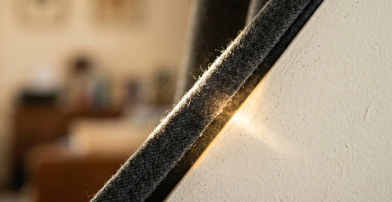 Extreme close-up showing light bending around a charcoal blackout curtain edge, demonstrating the pillar of light effect against a wall.