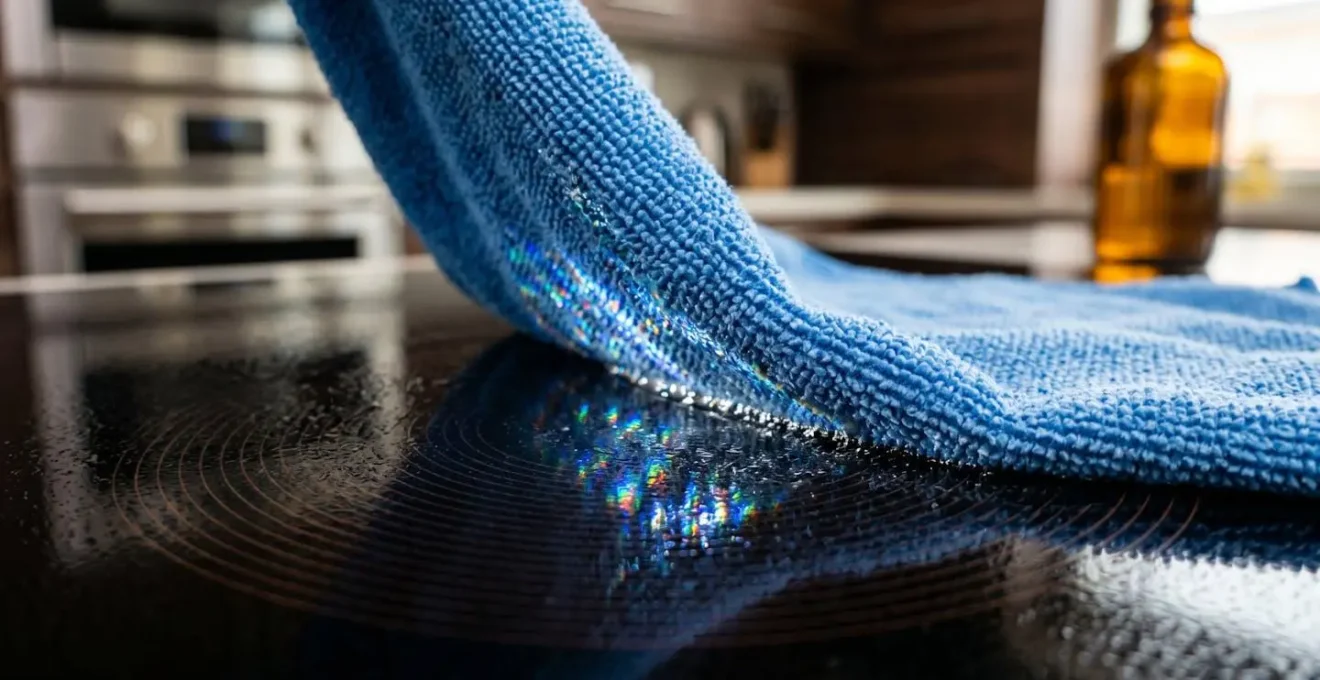 Extreme close-up of microfiber cloth cleaning glass ceramic cooktop surface