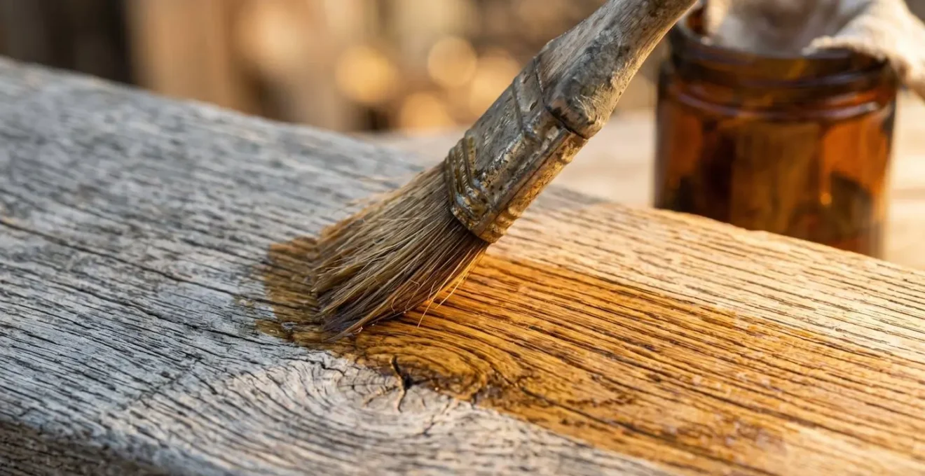 Extreme close-up of shellac being applied to aged wood grain with visible texture transformation