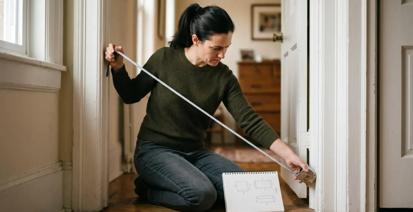 Person measuring doorway diagonal with tape measure for sectional sofa delivery