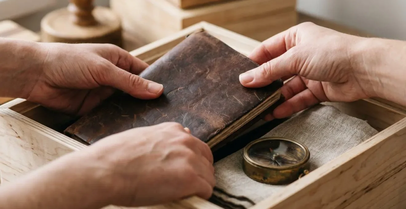 Organized wooden memory boxes with personal keepsakes in a minimalist setting