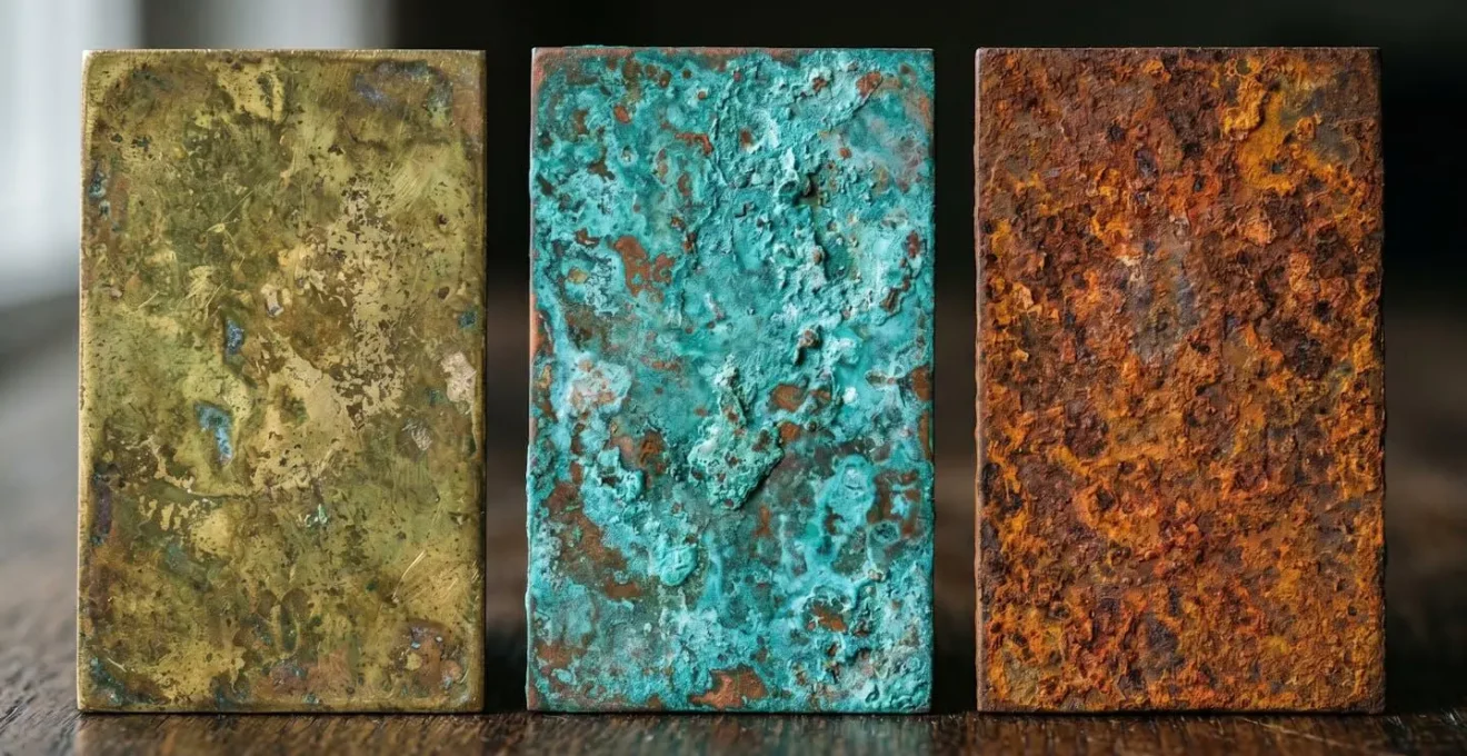 Close-up comparison of aged brass and copper surfaces showing natural patina development