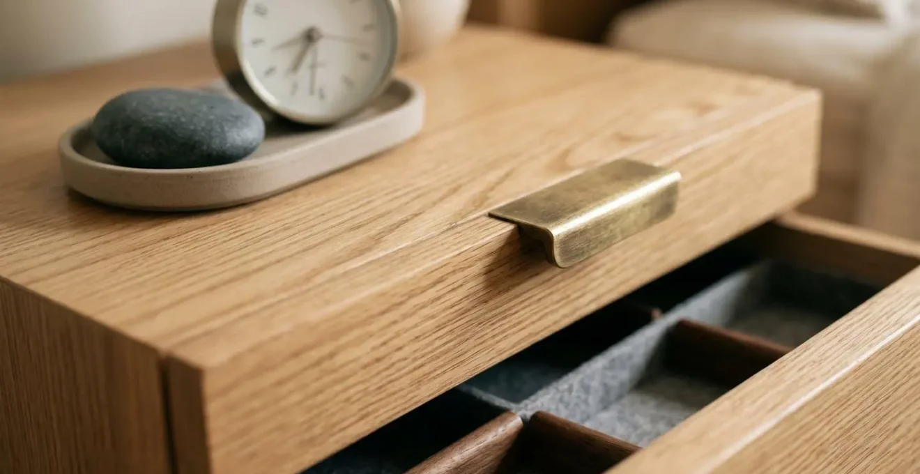 Organized nightstand with built-in charging drawer and minimal surface items