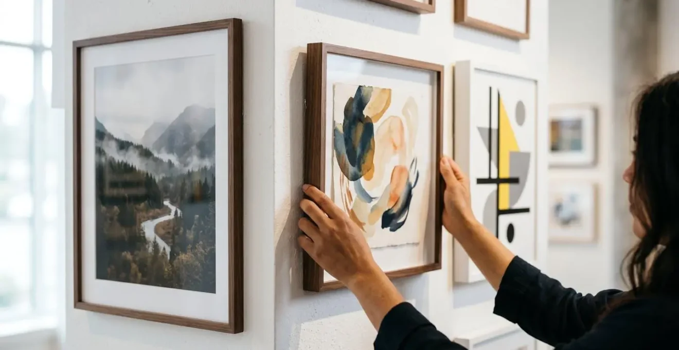 Gallery wall featuring a harmonious mix of landscape photography and abstract paintings