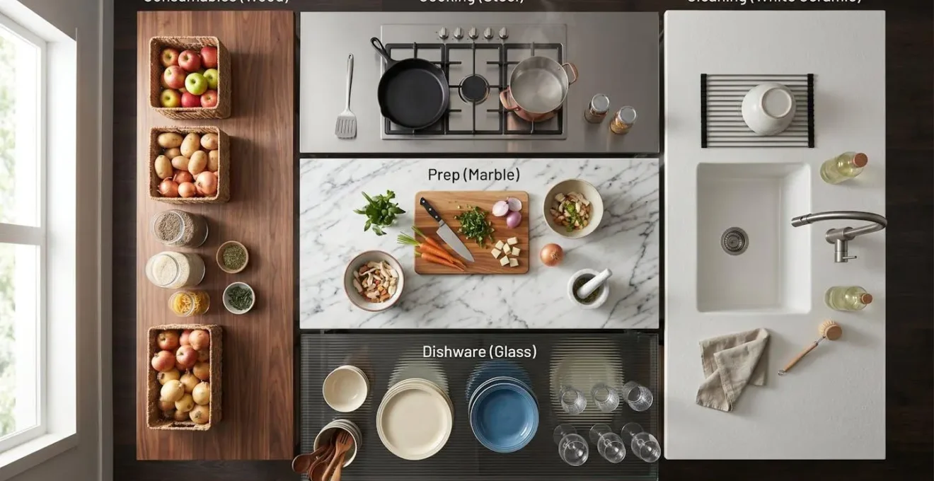 Overhead view of kitchen showing five distinct workstation zones with flow patterns