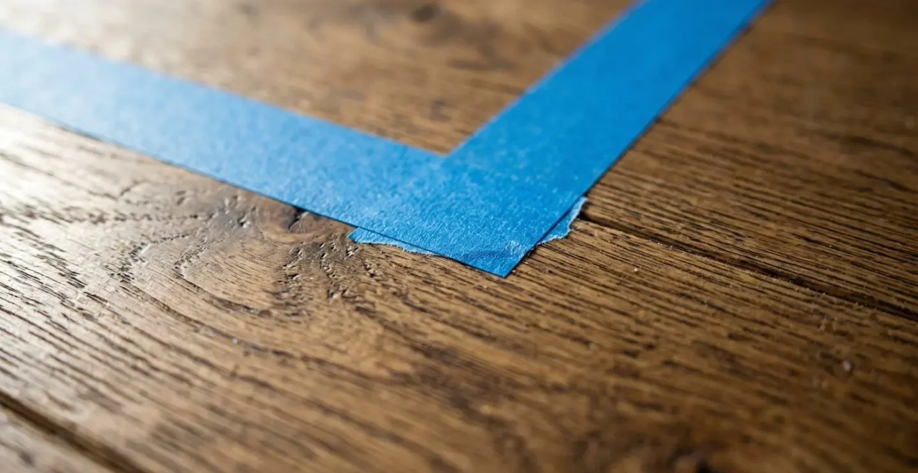 Room floor with painter's tape marking sofa placement and traffic flow patterns