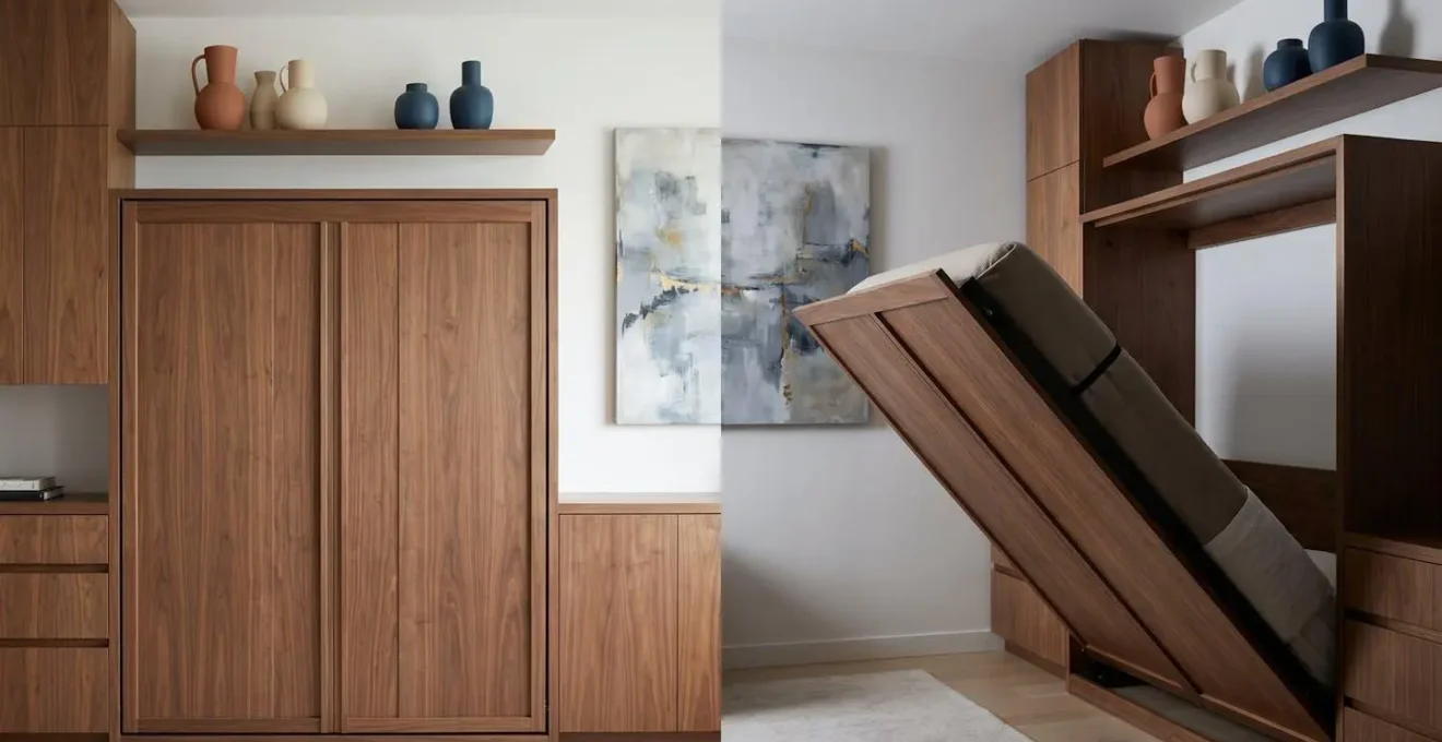 Modern Murphy bed seamlessly integrated into a minimalist wood-paneled wall