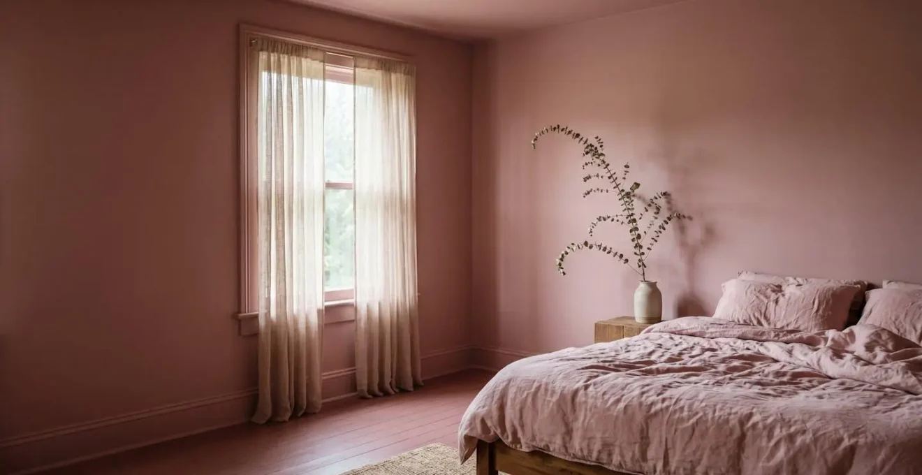Serene bedroom with color-drenched walls in soft dusty rose creating an immersive atmosphere