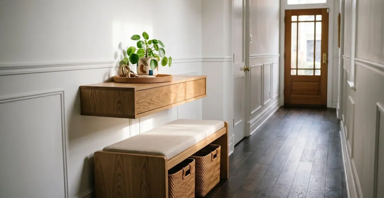 A narrow hallway featuring a wall-mounted floating console above a low-profile storage bench
