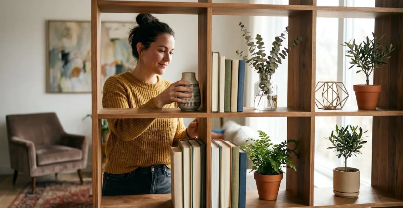 An open bookshelf room divider styled with plants, books and decorative objects allowing light to pass through