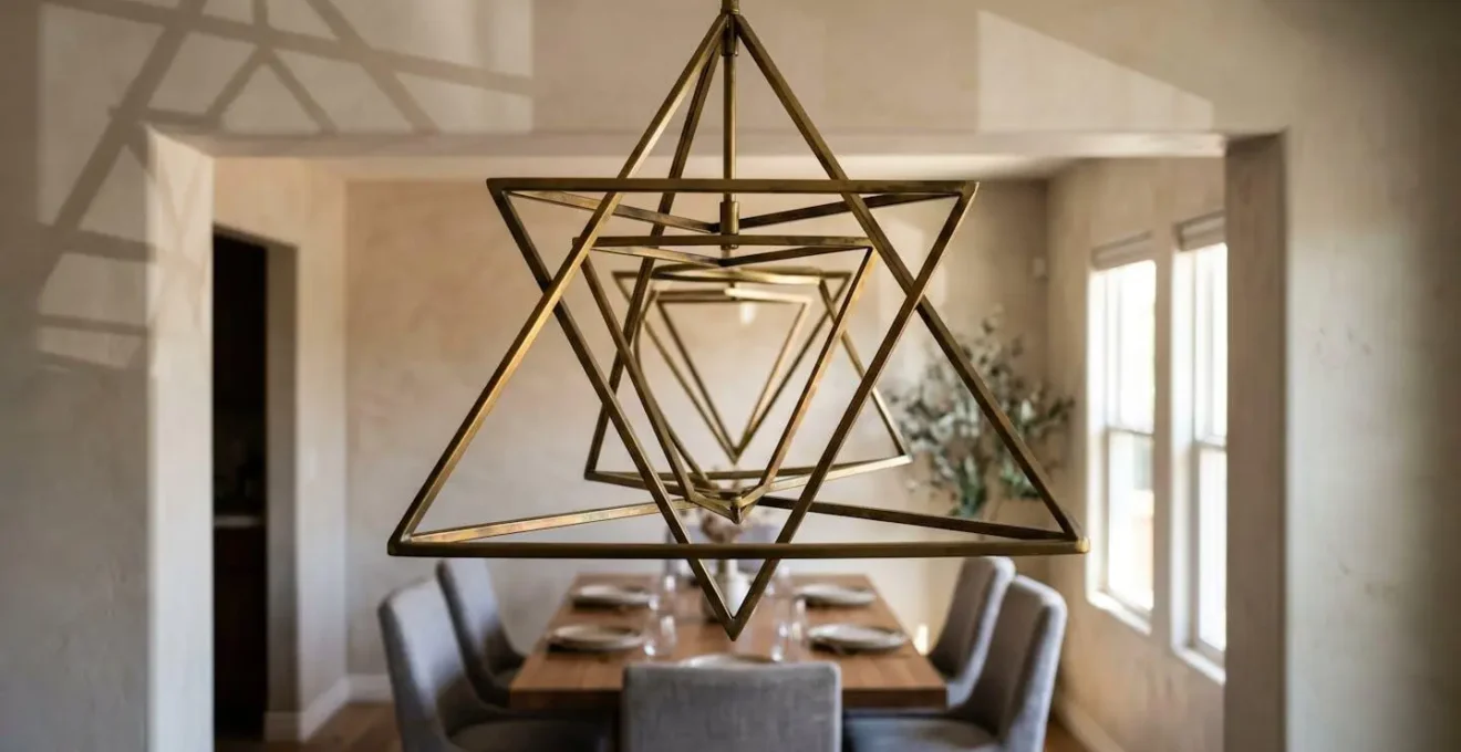 Wireframe geometric pendant light framing a view through an open kitchen