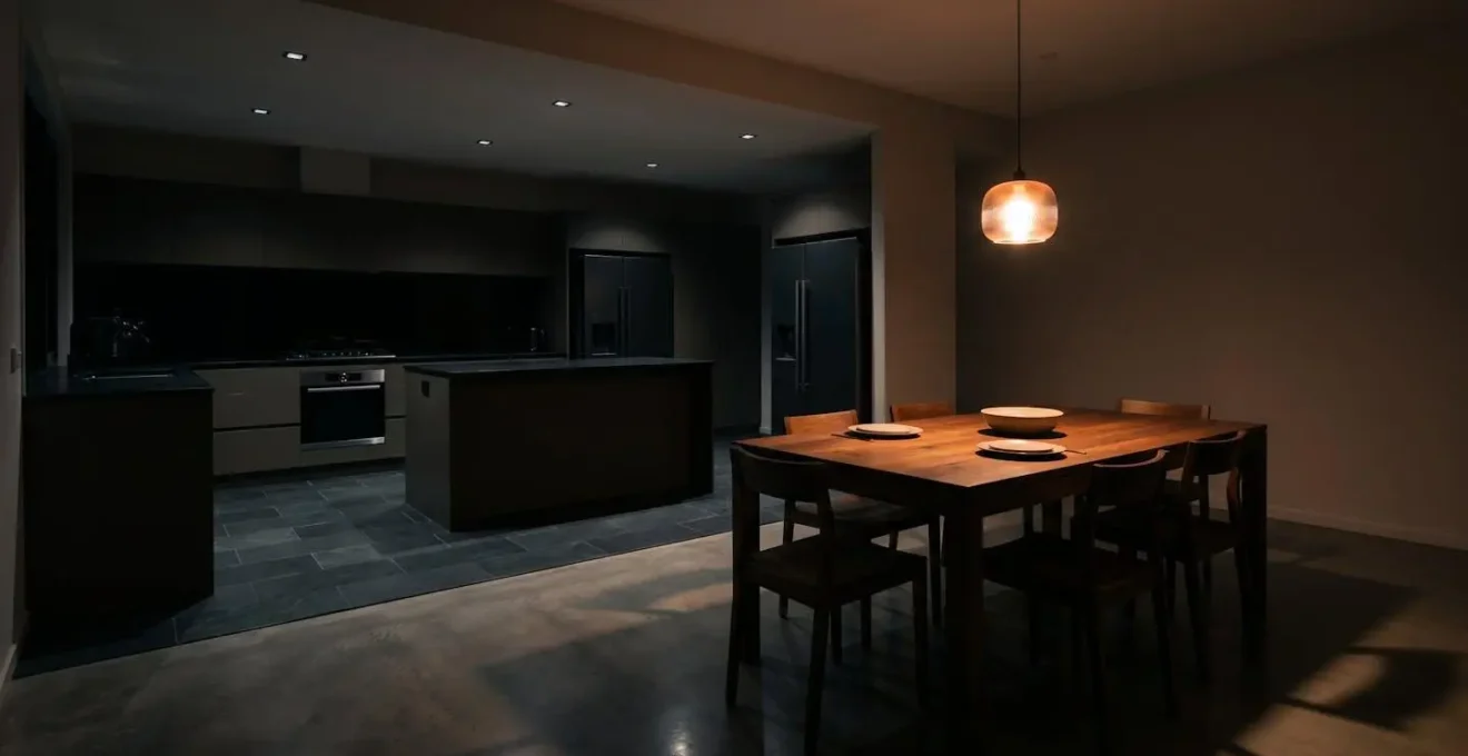 Open concept kitchen and dining area with contrasting light levels