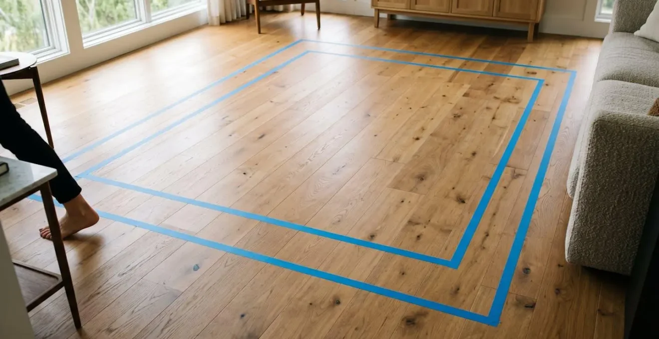 Living room floor with blue painter's tape outlining a potential rug placement for testing traffic flow